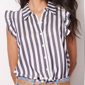 Evereve BB Dakota Seas The Day Navy & White Striped Button Down Tank Top Size L